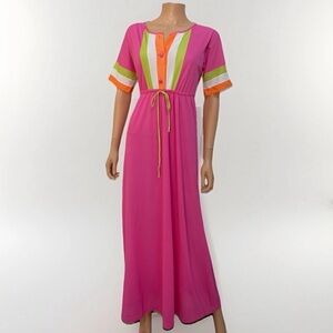 Vintage Pink Nylon Maxi Nightgown Color Block Women’s Size L